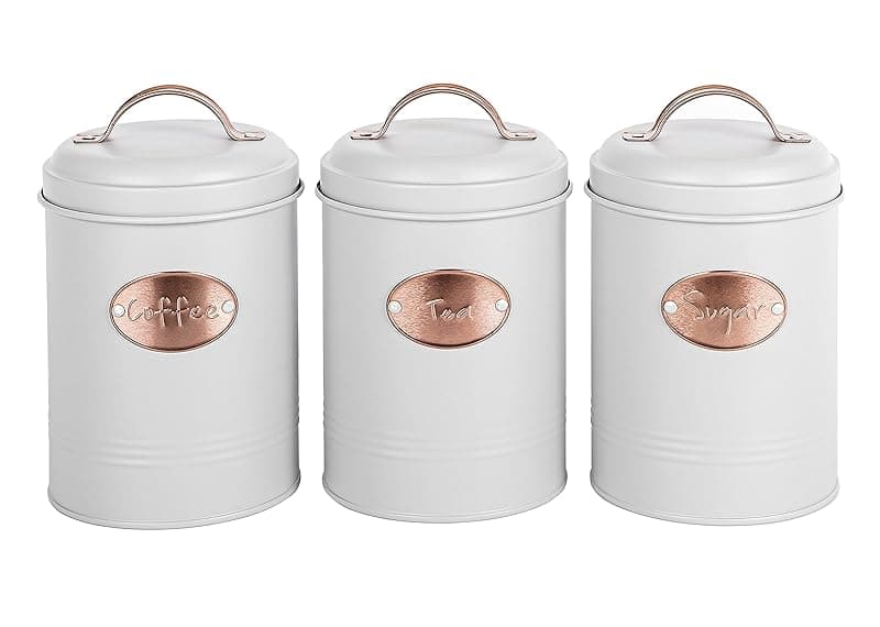 Novel Solutions Retro Round Tea, Sugar, Coffee Canisters 3pc Set with Lids. Decorative Kitchen Food Storage Tin for your favorite Tea bags, Sugar cubes and Coffee beans or powder. - Kitchen Storage