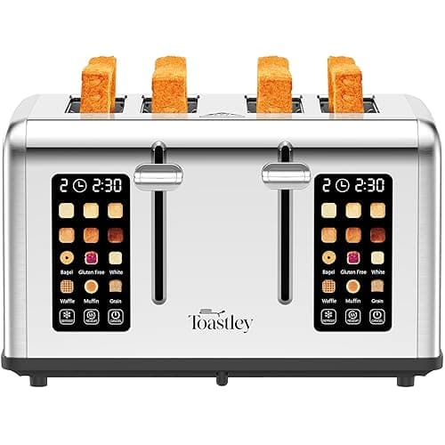 Toastley 4 Slice Smart Toaster with Touchscreen Controls, Dual 4.4" Screens, 6 Browning Levels & 6 Bread Modes, Extra-Wide 120mm Slots, Bagel/Defrost/Reheat, 1760W, Silver Stainless Steel - Toasters