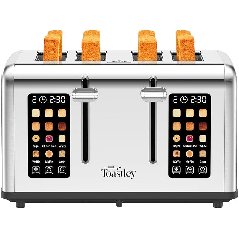 Toastley 4-Slice Toaster with Touchscreen Controls, Extra-Wide Slots, Bagel & Defrost Settings, Digital Countdown Timer, Dual Independent Panels, 1760W, Silver Stainless Steel - Toasters