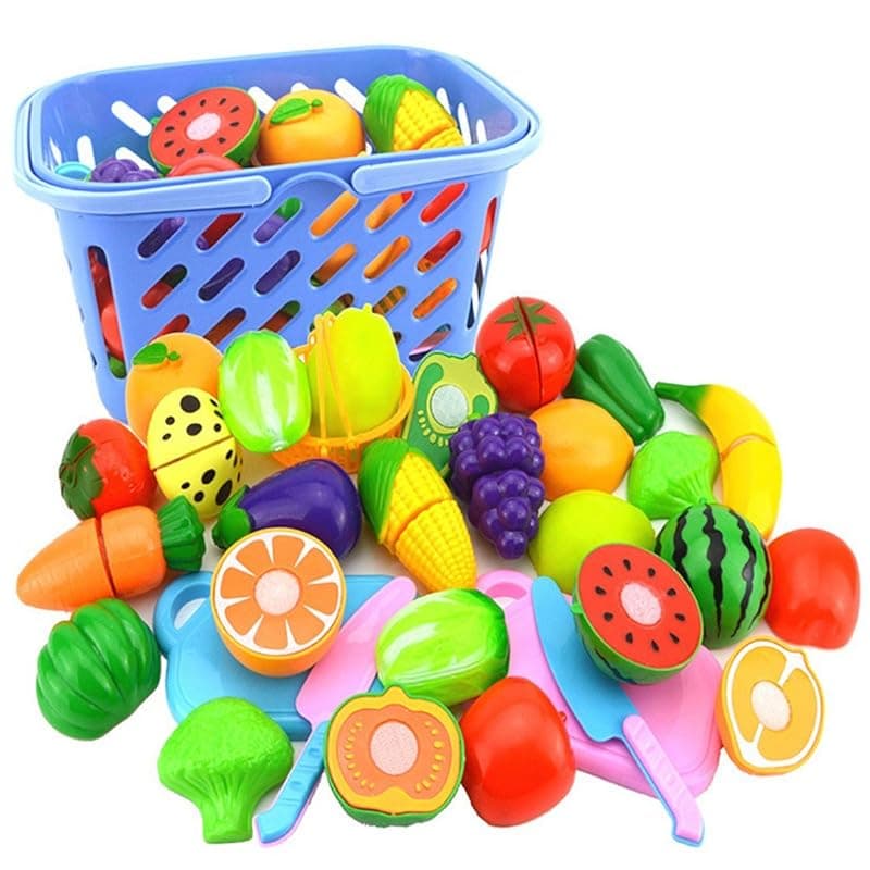 NIWWIN Play Food Set for Kids, Pretend Food Cutting Toy Vegetables and Fruits - Play Kitchen Accessories 23 Pieces,with a Toy Knife and a Beautiful Basket (Set 1) - Kitchen Knives