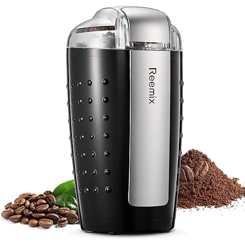 Reemix Electric Coffee Grinder, 200W, 100g Capacity, One Touch Operation, Blade and Cup Made with Stainless Steel, Includes Cleaning Brush (Black) - Coffee Tea Accessories