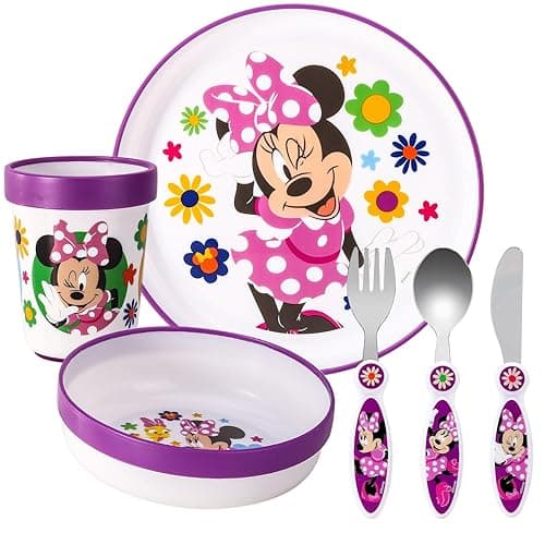 Zawadi Global Minnie Mouse Kids 6 Piece Reusable Dinner Set - Plate/Bowl/Cup/Knife/Fork/Spoon - Childrens Dinnerware Tableware Cutlery Set - Tableware