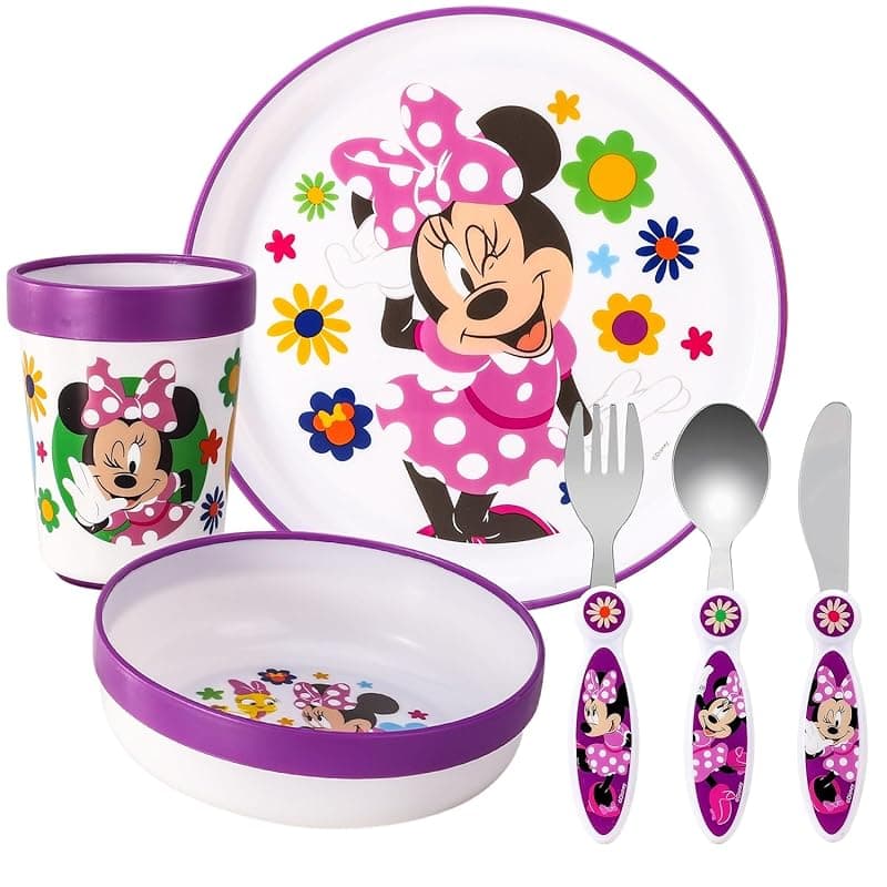 Zawadi Global Minnie Mouse Kids 6 Piece Reusable Dinner Set - Plate/Bowl/Cup/Knife/Fork/Spoon - Childrens Dinnerware Tableware Cutlery Set - Tableware