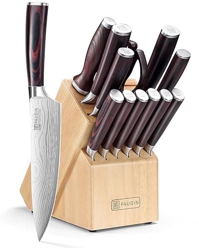 PAUDIN Kitchen Knife Set with Block,14-Piece Knife Block Set & Sharpener, German Stainless Steel Chef Knives, Ergonomic Pakkawood Handle, Professional Kitchen Knife Block Set - Kitchen Knives