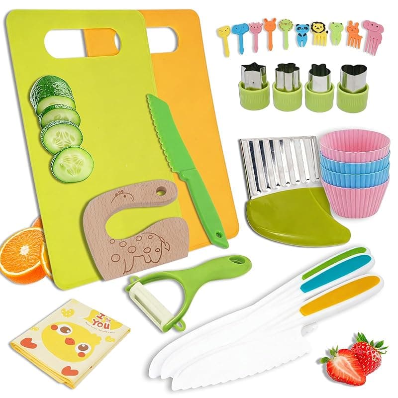 JoyPals 28 Pieces Montessori Kitchen Toys for Toddlers – Kids Knife Set for Chopping with Wooden Knives, Crinkle Cutter, Kids Chopping Board - Kitchen Knives