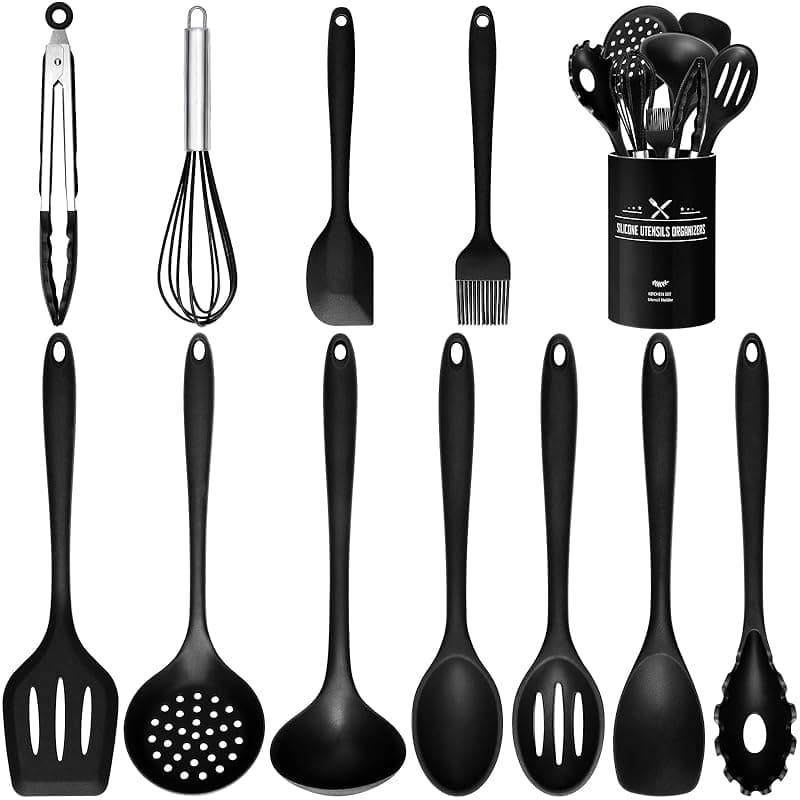 Wildone Silicone Kitchen Utensils Set - 12pcs Cooking Utensils Set with Holder, BPA Free Food Grade Non Stick Coating Silicone Spatulas Kitchen Utensils, Heat Resistant & Easy Clean, Black - Kitchen Tools Gadgets