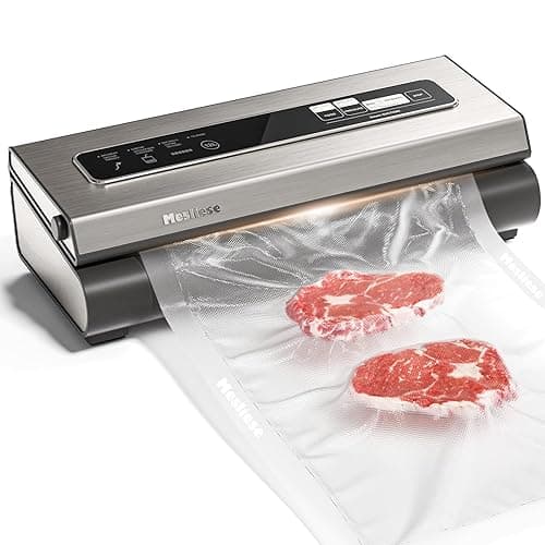 Mesliese Vacuum Sealer Machine Powerful 90Kpa Precision 6-in-1 Compact Vacuum Food Preservation System Built-in Cutter, 2 Bag Rolls & 5 Pre-cut Bags, Dry&Moist Modes Smart Suction (Silver) - Vacuum Sealers