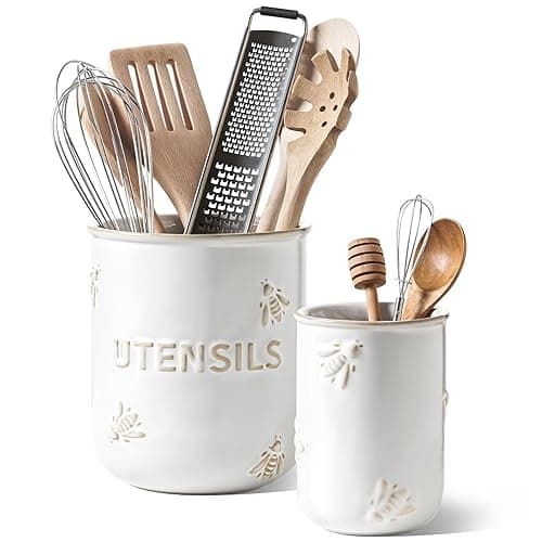 LE TAUCI Utensil Holder, 6.9"+5.3" Ceramic Kitchen Utensil Holder for Counter top, Embossed Cooking Utensil Organizer for Spatula & Spoon, Kitchen Decor, Set of 2, Arctic White, Bee Pattern - Kitchen Tools Gadgets