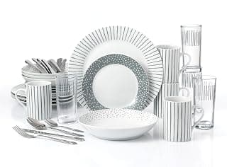 Waterside - 36pc Combination Dinner Set; 4 Porcelain Dinner Plates, Side Plates, Soup Bowls, Mugs & Hi-Ball Glasses and Cutlery Set - Dishwasher & Microwave Safe — Microwaves deal