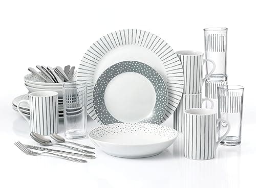 Generic Waterside - 36pc Combination Dinner Set; 4 Porcelain Dinner Plates, Side Plates, Soup Bowls, Mugs & Hi-Ball Glasses and Cutlery Set - Dishwasher & Microwave Safe - Microwaves
