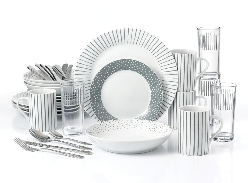 Generic Waterside - 36pc Combination Dinner Set; 4 Porcelain Dinner Plates, Side Plates, Soup Bowls, Mugs & Hi-Ball Glasses and Cutlery Set - Dishwasher & Microwave Safe - Microwaves