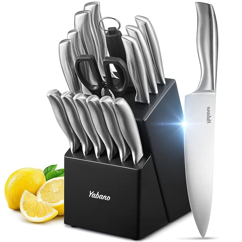 Yabano Knife Set, 16 Piece Kitchen Knifes Set with Block Wooden, German High-Carbon Stainless Steel Chef Knife, Steak Knives, Meat Scissors, Knife Sharpener by Yabano - Kitchen Knives