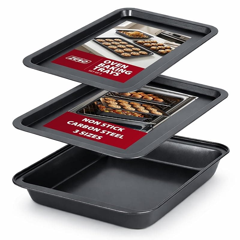 ZENO Baking Trays for Oven Non Stick - 3 Set | Baking Trays for Oven | Cooking Tray for Ovens | Durable Carbon Steel Pan | Non-Stick Coating | Cooking and Roasting | Dishwasher Safe - Bakeware