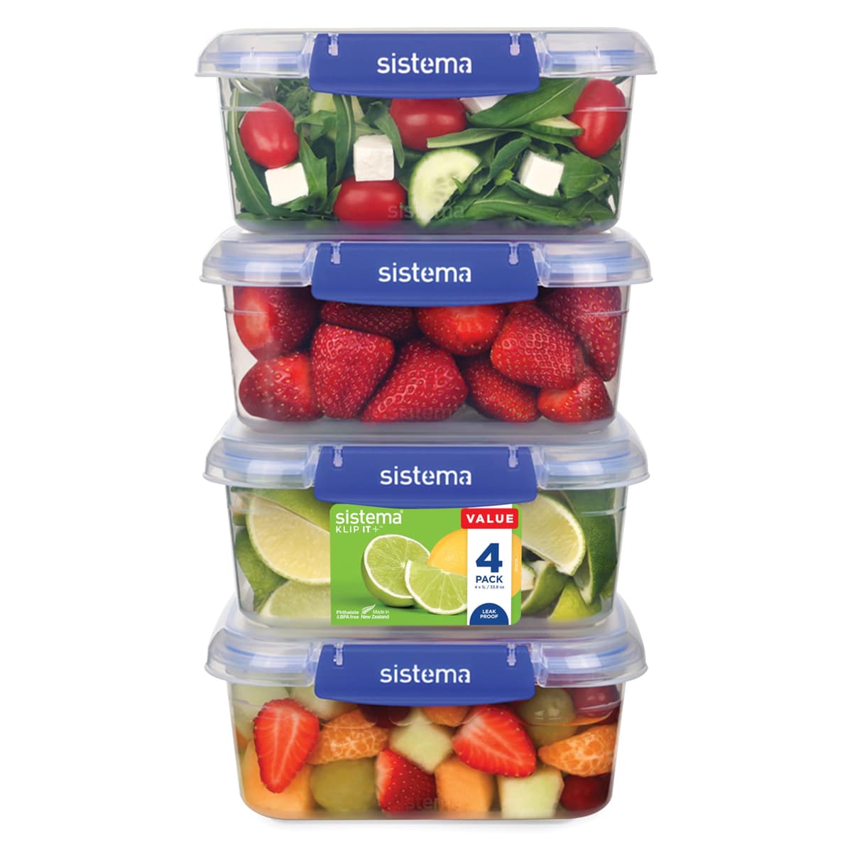 Sistema KLIP IT PLUS Leakproof Food Storage Containers | 1 L | Airtight & Stackable Meal Prep Containers with Lids | School Lunch Boxes | BPA-Free | 4 Count - Food Storage