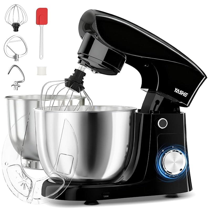 YASHE Stand Mixer, 4.5+5L 1500W Food Mixer for Baking, 10+P Speed Tilt-Head Cake Stand Mixer with Dough Hook, Beater & Whisk, Dishwasher Safe, Black - Stand Mixers