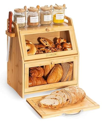 Clubien Bamboo breadbin, Keeps Bread Fresher - Food-Safe Wooden Bread bin with Chopping Board, Knife Slot & Ventilation Holes - Bread Bins for Kitchen for More Storage - Double Bread bin - Kitchen Storage
