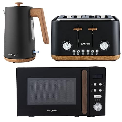 Salter COMBO-9195 Toronto Kettle, Toaster, Microwave Set – Kitchen Countertop Appliances, 1.7L Fast Boil Kettle, 4-Slice Wide Slot Toaster, 20 L Digital Microwave, 25.5cm Turntable, Black - Toasters