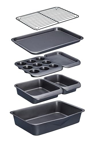MasterClass Smart Space Stacking PTFE, PFOA and BPA Free Non-Stick Bakeware Set, 7 Piece Baking Trays, Gift Boxed, Grey - Bakeware