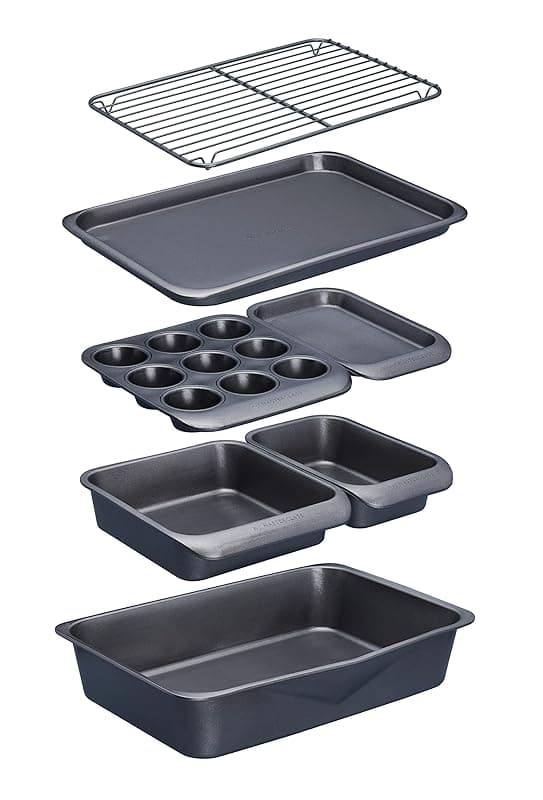 MasterClass Smart Space Stacking PTFE, PFOA and BPA Free Non-Stick Bakeware Set, 7 Piece Baking Trays, Gift Boxed, Grey - Bakeware