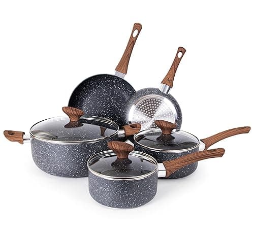 Non Stick Pots and Pans Set – Induction Hob Pot Set – 8pcs Kitchen Cookware with Lids – Cooking Marble Saucepan Pots and Frying Pans – by Nuovva