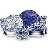 vancasso Selene Plates and Bowls Set, 24 Pieces Vintage Blue Porcelain Dinner Sets for 6 People Scratch Resistant Dinnerware Sets Crockery Set, Mircowave Dishwasher Safe Dishes Set