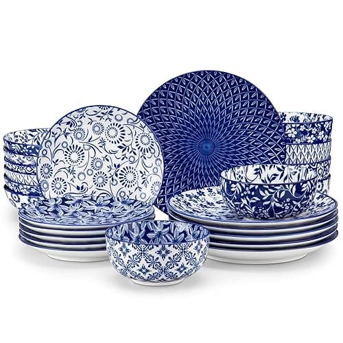 vancasso Selene Plates and Bowls Set, 24 Pieces Vintage Blue Porcelain Dinner Sets for 6 People Scratch Resistant Dinnerware Sets Crockery Set, Mircowave Dishwasher Safe Dishes Set - Tableware