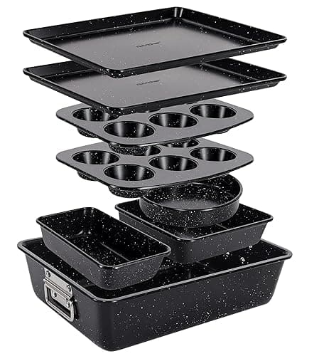 NutriChef Baking Tray Set, 8-Piece Non-Stick Oven Bakeware, Stackable Trays with Cookie, Loaf, Pizza, Muffin, Cake, Round, Square Pans, Durable Kitchen Set (Black Marble) - Bakeware