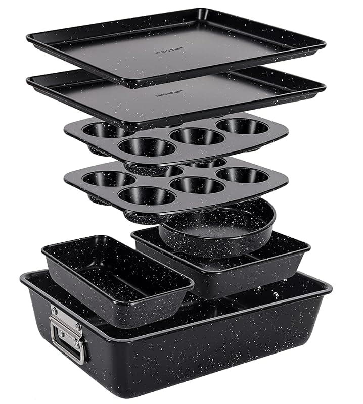 Nutrichef Baking Tray Set, 8-Piece Non-Stick Oven Bakeware, Stackable Trays with Cookie, Loaf, Pizza, Muffin, Cake, Round, Square Pans, Durable Kitchen Set (Black Marble) - Bakeware
