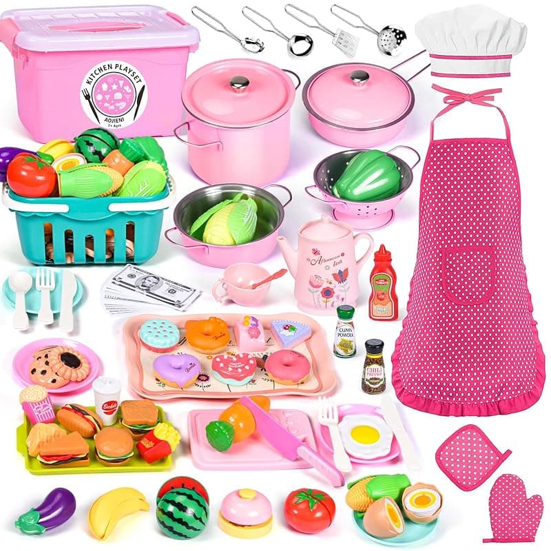 Aojieni 121Pcs Play Kitchen Accessories, Kids Kitchen Playset, Pretend Play Food Tea Party Set, Toy Kitchen Kids Cooking Real with Apron＆Chef Hat, Utensils Cookware Pots＆Pans, Toy Organizer, Toddler Toys Gift - Kitchen Tools Gadgets