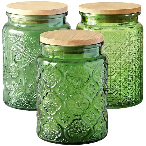 Tel Charme * 3-Pack 700ml Glass Jars with Bamboo Lids, Airtight Vintage Glass Storage Canisters for Kitchen Pantry Coffee Sugar Tea Flour Snacks (Green) - Kitchen Storage