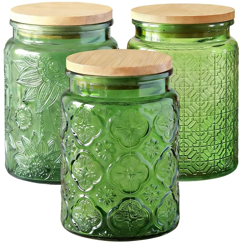 Tel Charme * 3-Pack 700ml Glass Jars with Bamboo Lids, Airtight Vintage Glass Storage Canisters for Kitchen Pantry Coffee Sugar Tea Flour Snacks (Green) - Kitchen Storage