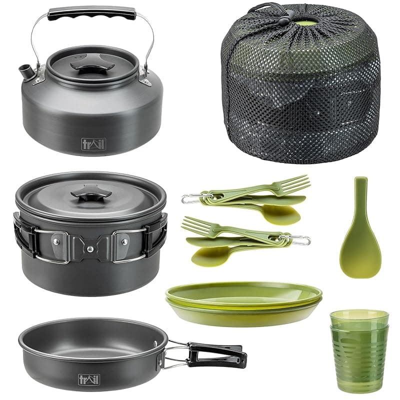 trail outdoor leisure Trail Camping Cookware Set 16pc, 2 Person Camp Cooking Kit, Non Stick Hard Anodised Aluminium, Cook Pot with Lid, Frying Pan, Kettle, Spatula, Cups, Plates, Cutlery, Lightweight Stackable with Bag - Cookware