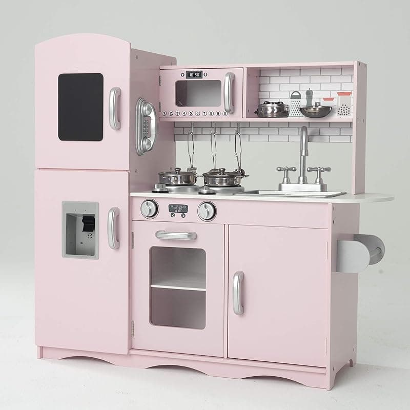 Kidoz Online Kids Shop Kidoz Signature Kids Wooden Kitchen, Large Pretend Role Play Kitchen With Realistic Oven, Microwave and Sink With Taps, Kitchen Playset With Sounds And Lights For Kids (Pink Kitchen With Utensils) - Microwaves