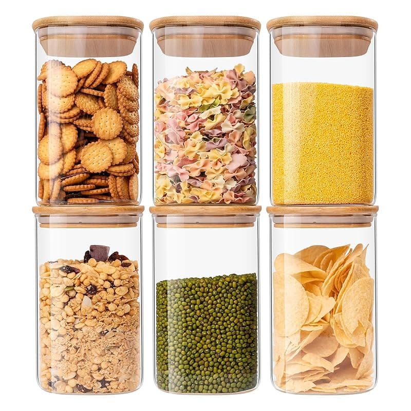 Wells Food Storage Containers with Bamboo Lids 37OZ 1100ml, Glass Canisters with Airtight Lids, Square Glass Jars for Kitchen, Idea for Cereal, Coffee, Sugar, Tea, Candies, Cookies, Set of 6, Clear - Food Storage