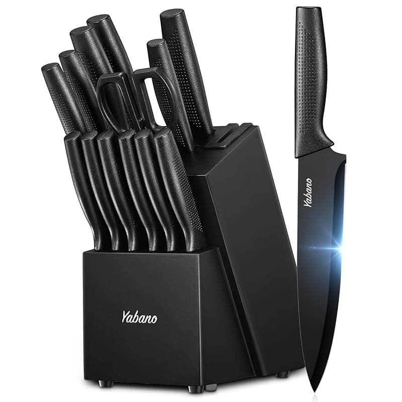 Yabano Knife Set, Yabano 14 Pieces Knife Block Set with Built-in Sharpener, Sharp Black Kitchen Knife Set with Block, Dishwasher Safe - Kitchen Knives