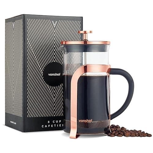 VonShef 8 Cup Cafetiere, 1L French Press, Heat Resistant Borosilicate Glass & Stainless Steel Copper Design, Filter Coffee Maker with Plunger - Coffee Tea Accessories