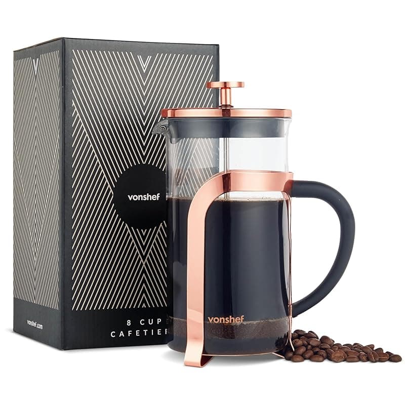 VonShef 8 Cup Cafetiere, 1L French Press, Heat Resistant Borosilicate Glass & Stainless Steel Copper Design, Filter Coffee Maker with Plunger - Coffee Tea Accessories