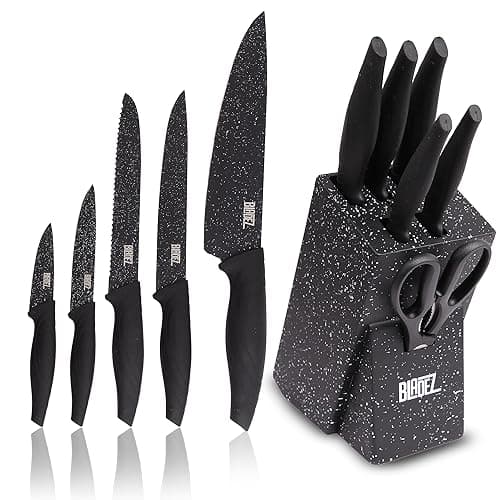 Bladez Professional Kitchen Block Knife Set, 6 pcs Black Kitchen Knives, Stainless Steel Granite Non Stick Blades, Chefs, Filleting, Bread, Paring and Utility Knives - Kitchen Knives