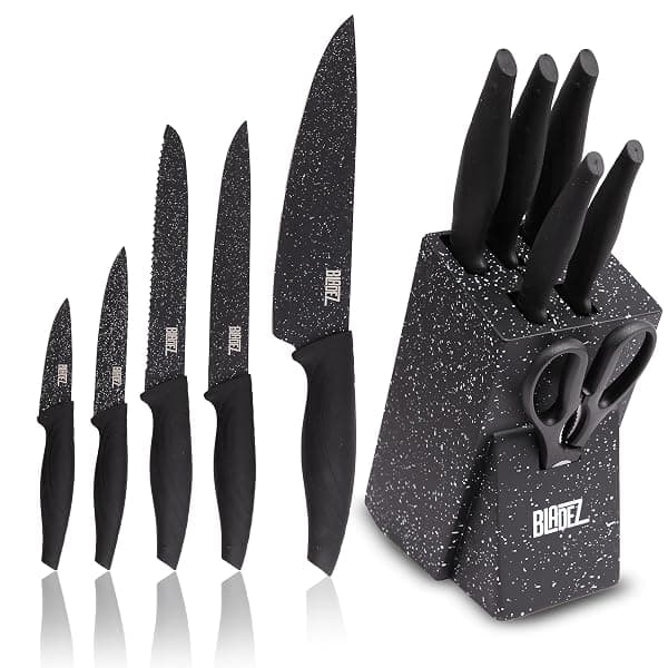 Bladez Professional Kitchen Block Knife Set, 6 pcs Black Kitchen Knives, Stainless Steel Granite Non Stick Blades, Chefs, Filleting, Bread, Paring and Utility Knives — Kitchen Knives deal
