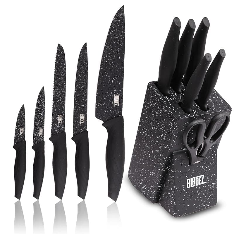 Bladez Professional Kitchen Knife Set, 5pcs Grey Kitchen Knives, Stainless Steel Granite Non Stick Blades, Chefs, Filleting, Bread, Paring and Utility Knives (Dark Grey Granite Knife Block Set 6 PCS) - Kitchen Knives