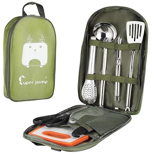 Aofesel Camping Cooking Utensils Set, 8Pcs Portable Camping Kitchen Utensils Organizer Travel Set with Cutting Board,Tongs,Scissors,Spoon,Storage Bag,Outdoor Camping Cutlery Set for Travel, Picnic, BBQ,Hiking - Kitchen Tools Gadgets