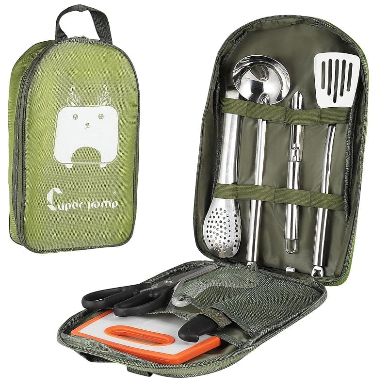 Aofesel Camping Cooking Utensils Set, 8Pcs Portable Camping Kitchen Utensils Organizer Travel Set with Cutting Board,Tongs,Scissors,Spoon,Storage Bag,Outdoor Camping Cutlery Set for Travel, Picnic, BBQ,Hiking - Kitchen Tools Gadgets