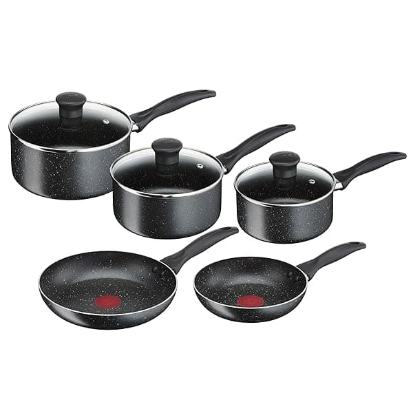 Tefal Origins Stone 5 Piece, Non-Stick, Pots & Pan Set, All Hobs Compatible Except Induction, (16/18/20CM Saucepans with Glass lids, 20/24CM Frying Pans) — Cookware deal