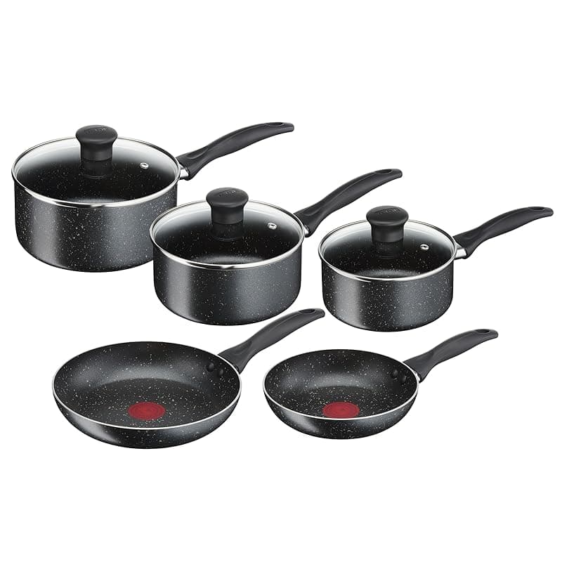 Tefal Origins Stone 5 Piece, Non-Stick, Pots & Pan Set, All Hobs Compatible Except Induction, (16/18/20CM Saucepans with Glass lids, 20/24CM Frying Pans) - Cookware