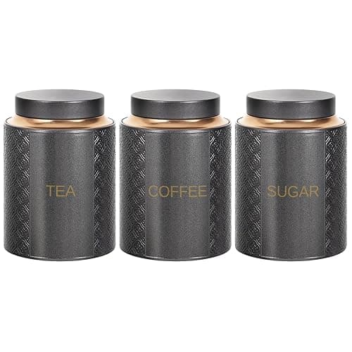 Bayseun Tea Coffee Sugar Canisters, Set of 3 Tea Coffee and Sugar Canisters for Home, Easy Open & Airtight Lids, Tin Caddy, Kitchen Storage Jars, Decorative Stainless Tins, Grey - Kitchen Storage