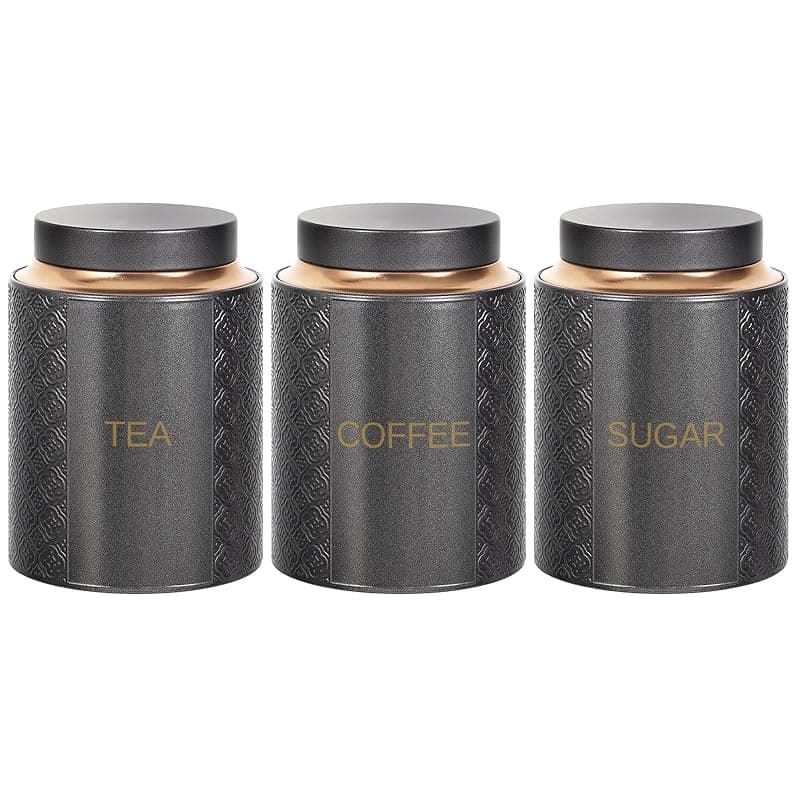 Bayseun Tea Coffee Sugar Canisters, Set of 3 Tea Coffee and Sugar Canisters for Home, Easy Open & Airtight Lids, Tin Caddy, Kitchen Storage Jars, Decorative Stainless Tins, Grey - Kitchen Storage