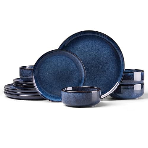 HaWare Dinner Set, 12 Piece Stoneware Dinnerware Service for 4, Reactive Glaze Dining Ware Include Plates and Bowls, Chip and Scratch Resistant, Microwave & Dishwasher Safe, Nebulas Blue - Tableware