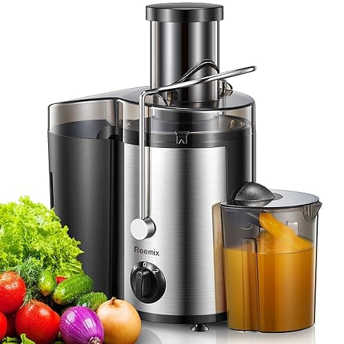 Juicer, Reemix Centrifugal Juicer Machines Whole Fruit and Vegetable, 3-inch Wide Mouth Juicer Extractor with 2 Speeds, Brush Included Easy to Clean (Black, 500, Watts)