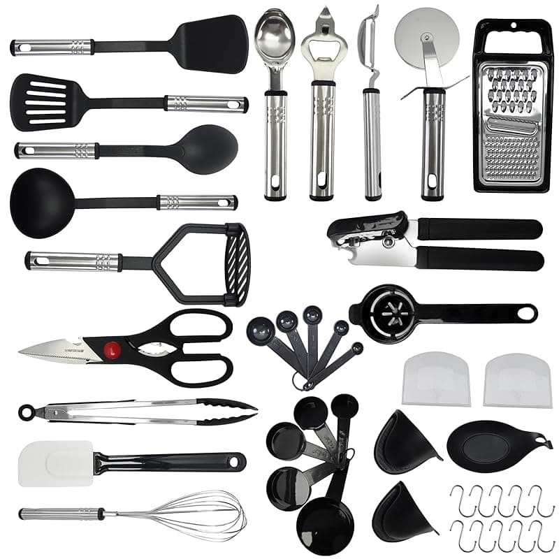 RA KCM Kitchen Utensils Set – 30 Pcs Heat Resistant Cooking Utensils Nylon and Stainless Steel – Cooking Spoon, Ladle, Spatula, and Can Opener - Gadgets & Kitchen Accessories Ideal Xmas Gift - Kitchen Tools Gadgets