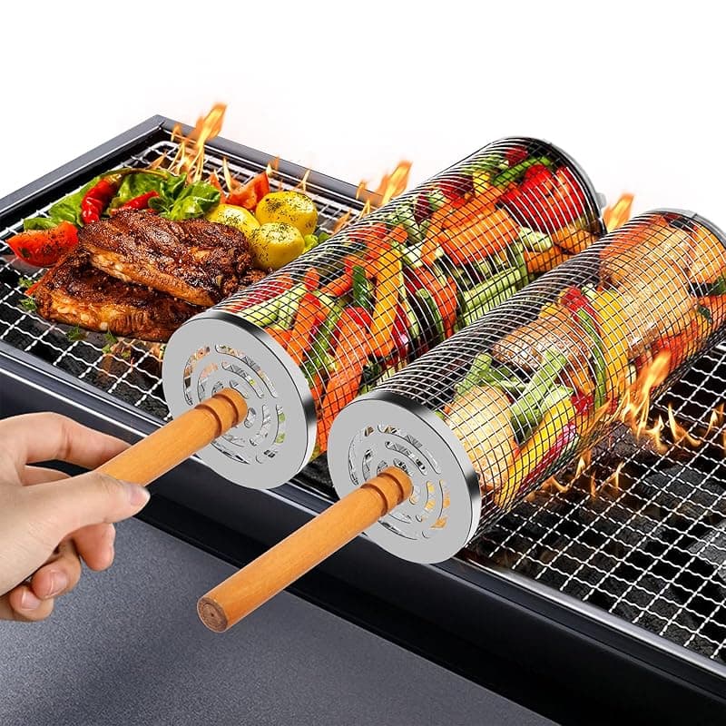 HOMPER 2 pcs Rolling Grill Basket with Removable Wooden Handles, 304 Stainless Steel Rolling Barbecue Utensils Tool Sets BBQ Accessories Tools for Vegetables Shrimp, Outdoor Cooking, Gifts for Men Dad - Kitchen Tools Gadgets